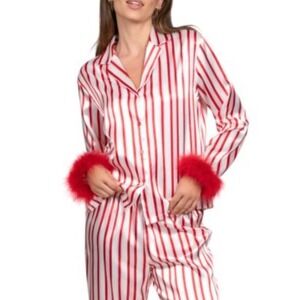 Linea Donatella Women's Red Marabou Faux-fur Trimmed Striped Pajama Set  - L